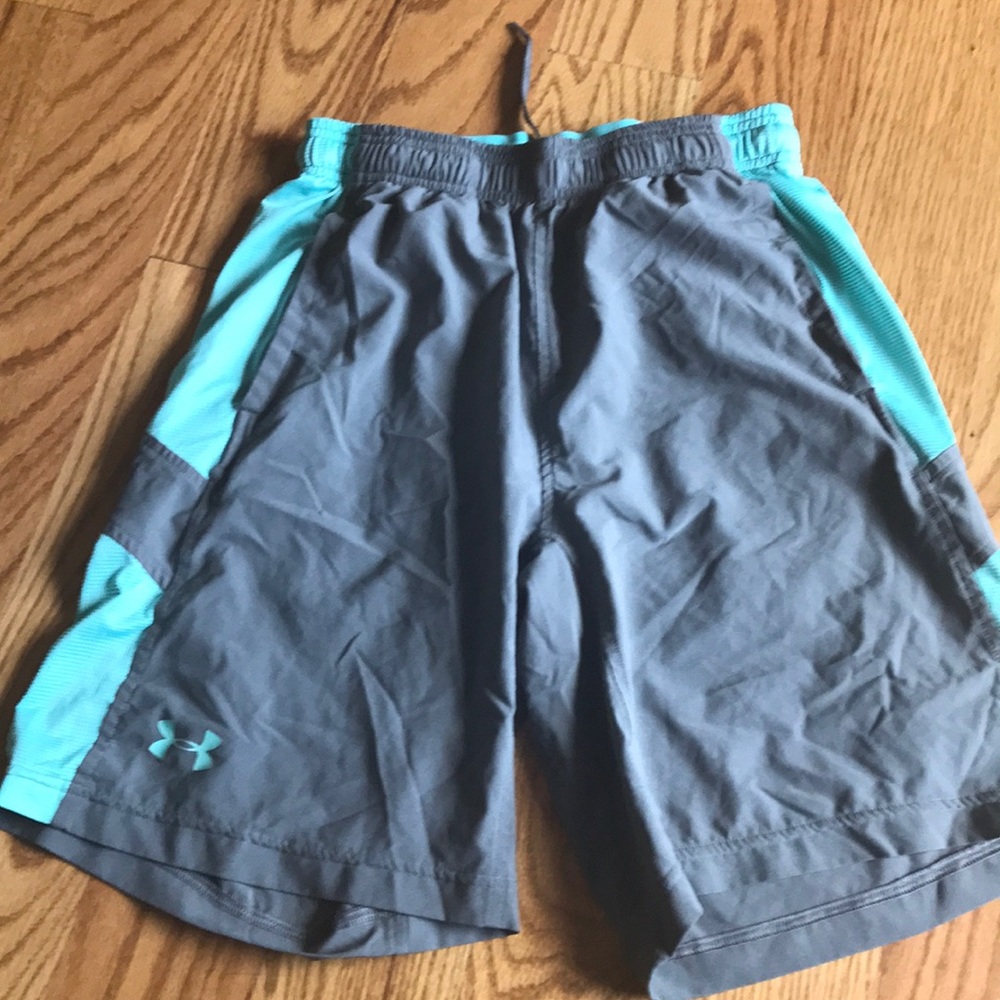 Men’s small Under Armour grey and aqua blue shorts